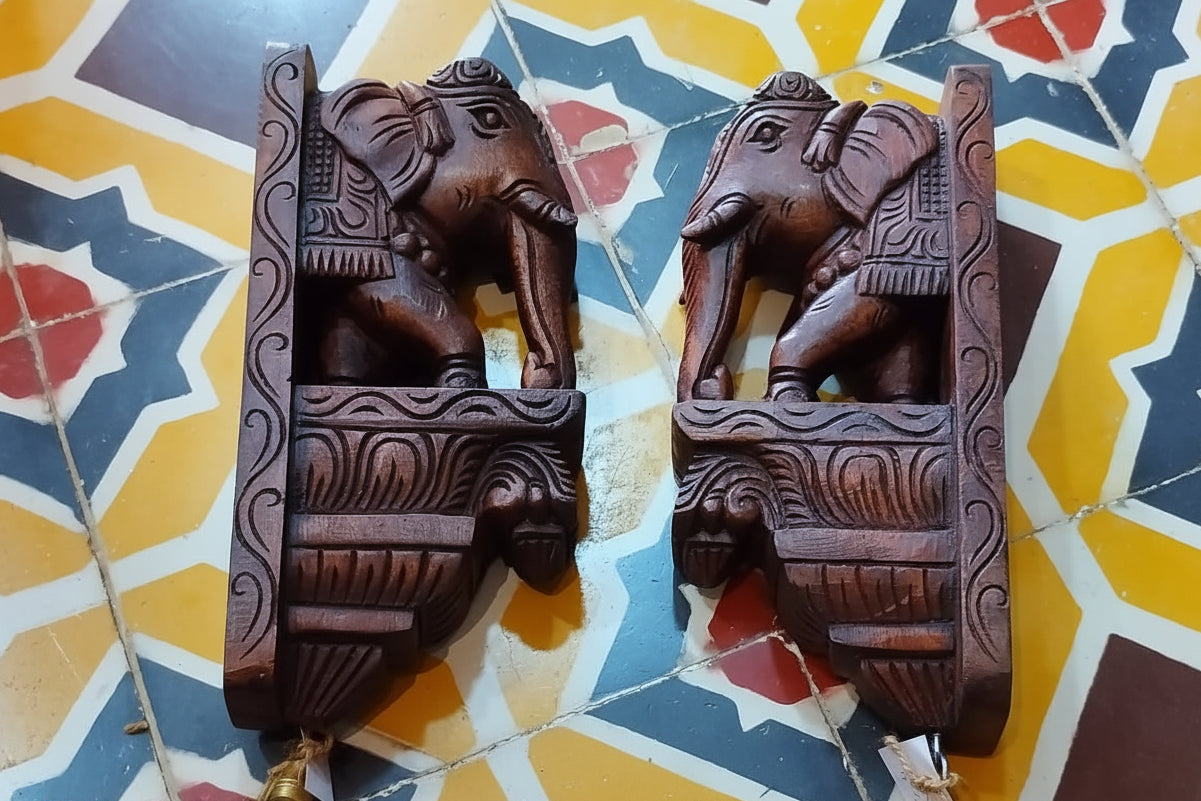 Handmade Wooden elephant Wall Bracket pair | Hand-Carved Decorative Wall Corbel | Traditional Indian Home Décor | Wooden Shelf Bracket | Set of 2