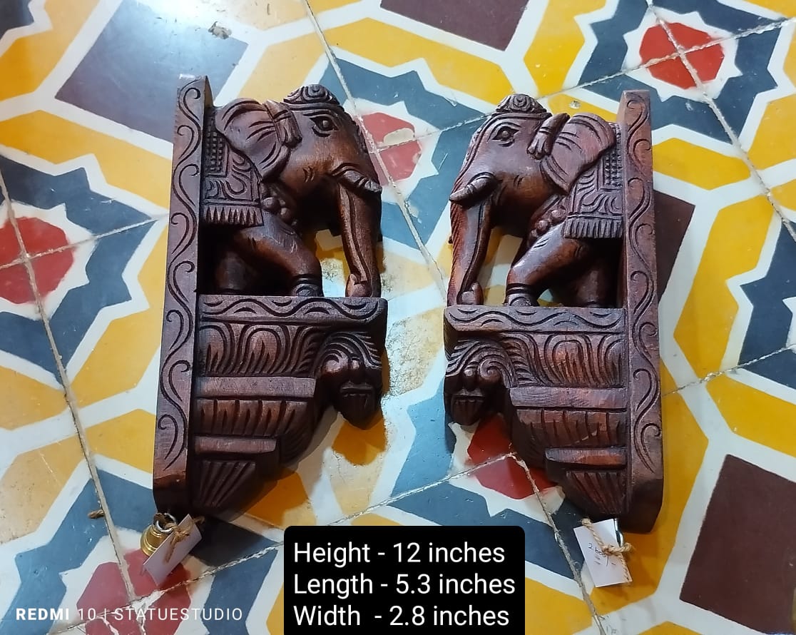 Handmade Wooden elephant Wall Bracket pair | Hand-Carved Decorative Wall Corbel | Traditional Indian Home Décor | Wooden Shelf Bracket | Set of 2