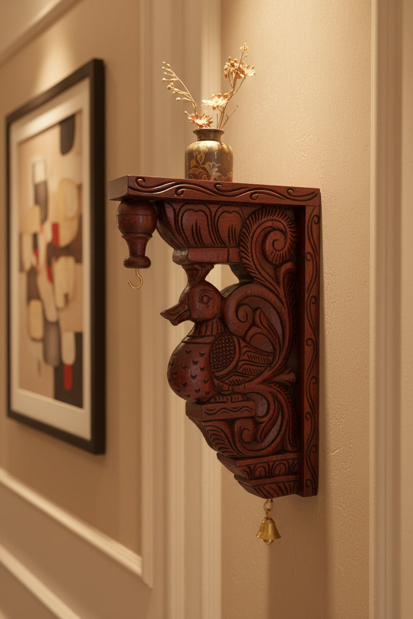 Handmade Wooden peacock Wall Bracket| Hand-Carved Decorative Wall Corbel | Traditional Indian Home Décor | Wooden Shelf Bracket | Set of 1