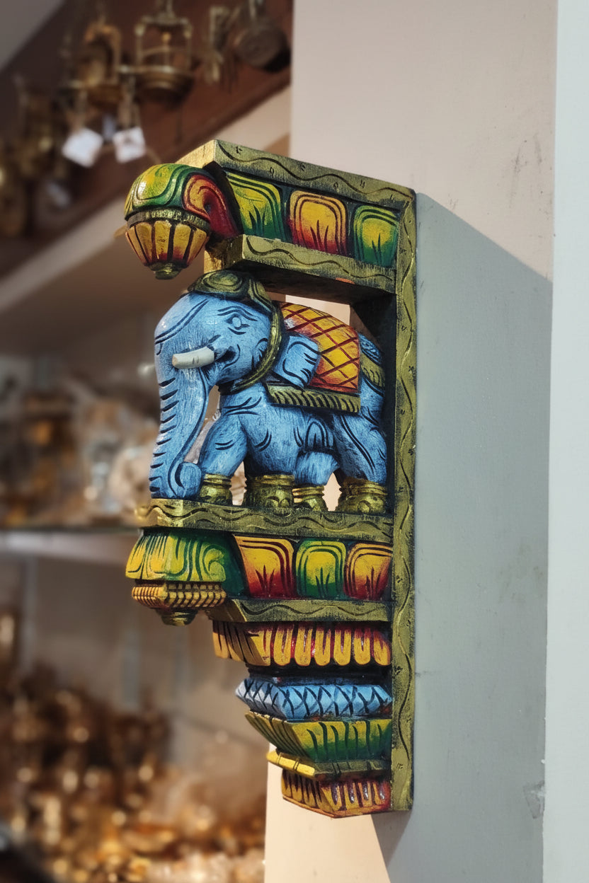 Handmade handpainted Wooden elephant  Wall Bracket| Hand-Carved Decorative Wall Corbel | Traditional Indian Home Décor | Wooden Shelf Bracket | Set of 1