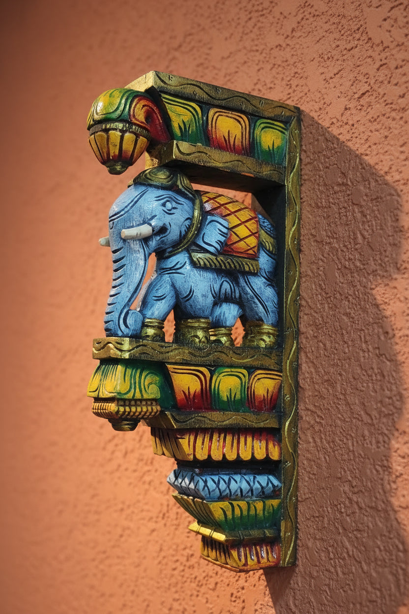 Handmade handpainted Wooden elephant  Wall Bracket| Hand-Carved Decorative Wall Corbel | Traditional Indian Home Décor | Wooden Shelf Bracket | Set of 1