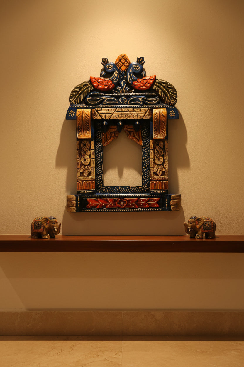 Handmade Handpainted Dual Peacock Jharokha Wall Hanging | Traditional Wooden Window Frame | Indian Wall Décor | Boho Home Accent | Vastu Gift