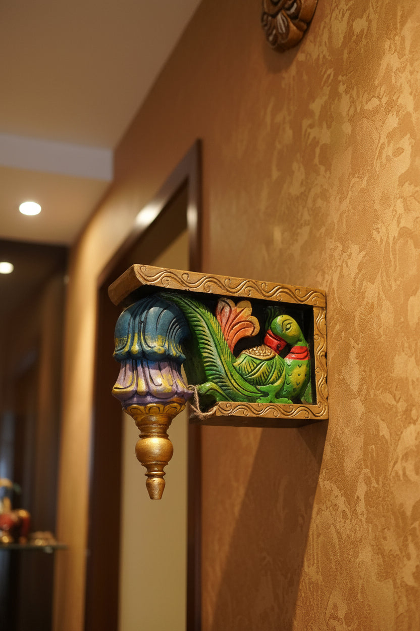 Handmade Wooden Parrot Wall Bracket | Hand-Carved Decorative Wooden Corbel | Traditional Indian Home Décor | Wall Hanging Bracket | Set of 1
