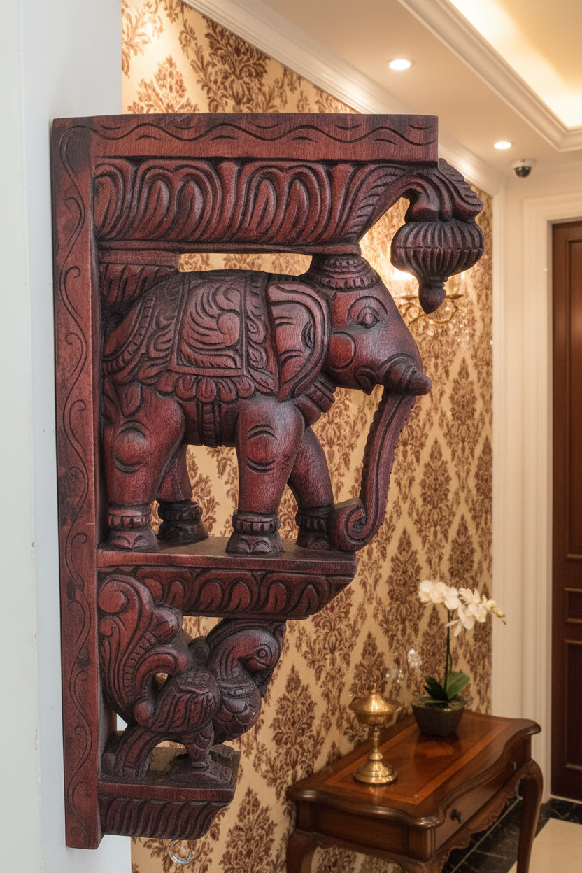 Handmade Wooden Elephant Wall Bracket | Hand-Carved Decorative Wooden Corbel | Traditional Indian Home Décor | Wall Hanging Bracket | Set of 1