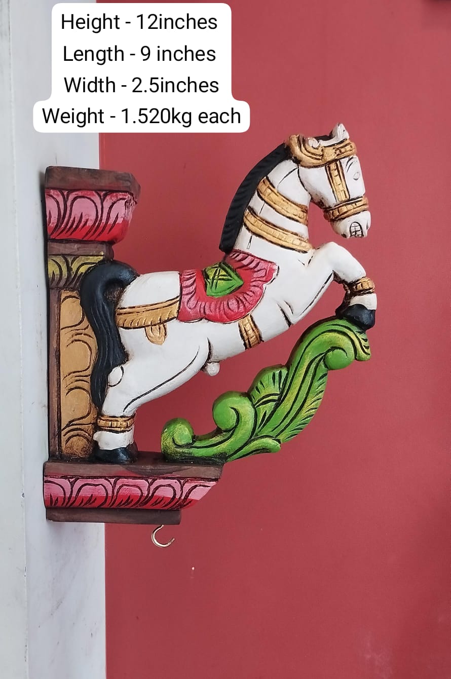 Handmade Handpainted Wooden Horse Wall Bracket | Colorful Decorative Wooden Corbel | Traditional Indian Home Décor | Wall Hanging Bracket | Set of 1