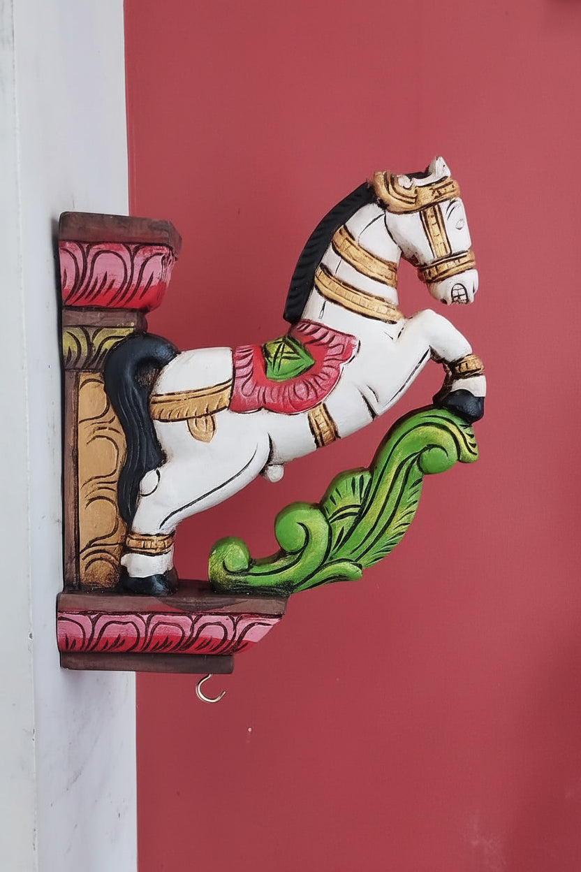 Handmade Handpainted Wooden Horse Wall Bracket | Colorful Decorative Wooden Corbel | Traditional Indian Home Décor | Wall Hanging Bracket | Set of 1