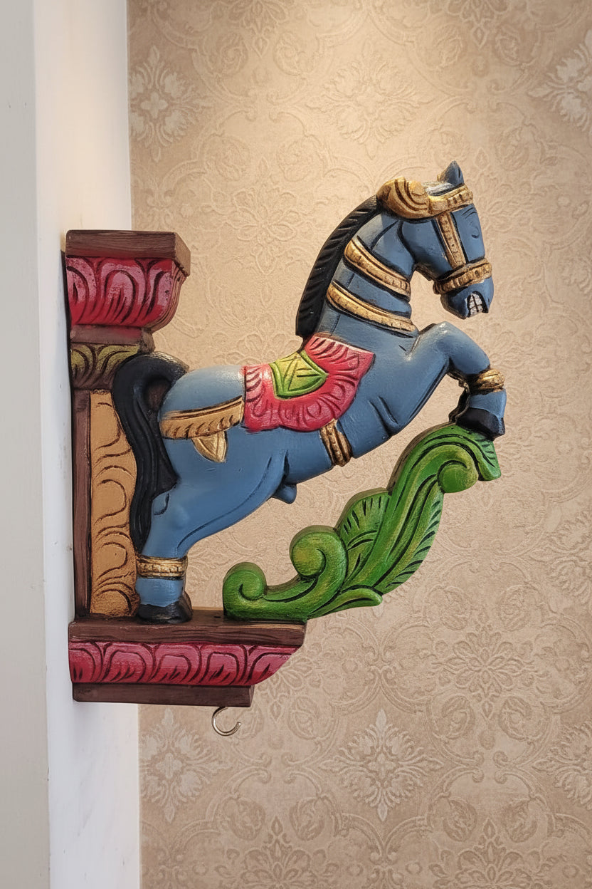 Handmade Handpainted Wooden Horse Wall Bracket | Colorful Decorative Wooden Corbel | Traditional Indian Home Décor | Wall Hanging Bracket