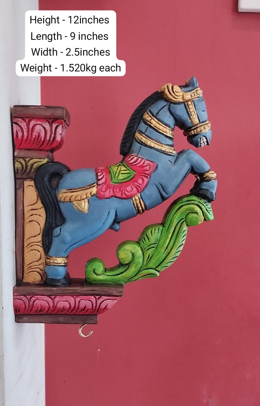 Handmade Handpainted Wooden Horse Wall Bracket | Colorful Decorative Wooden Corbel | Traditional Indian Home Décor | Wall Hanging Bracket