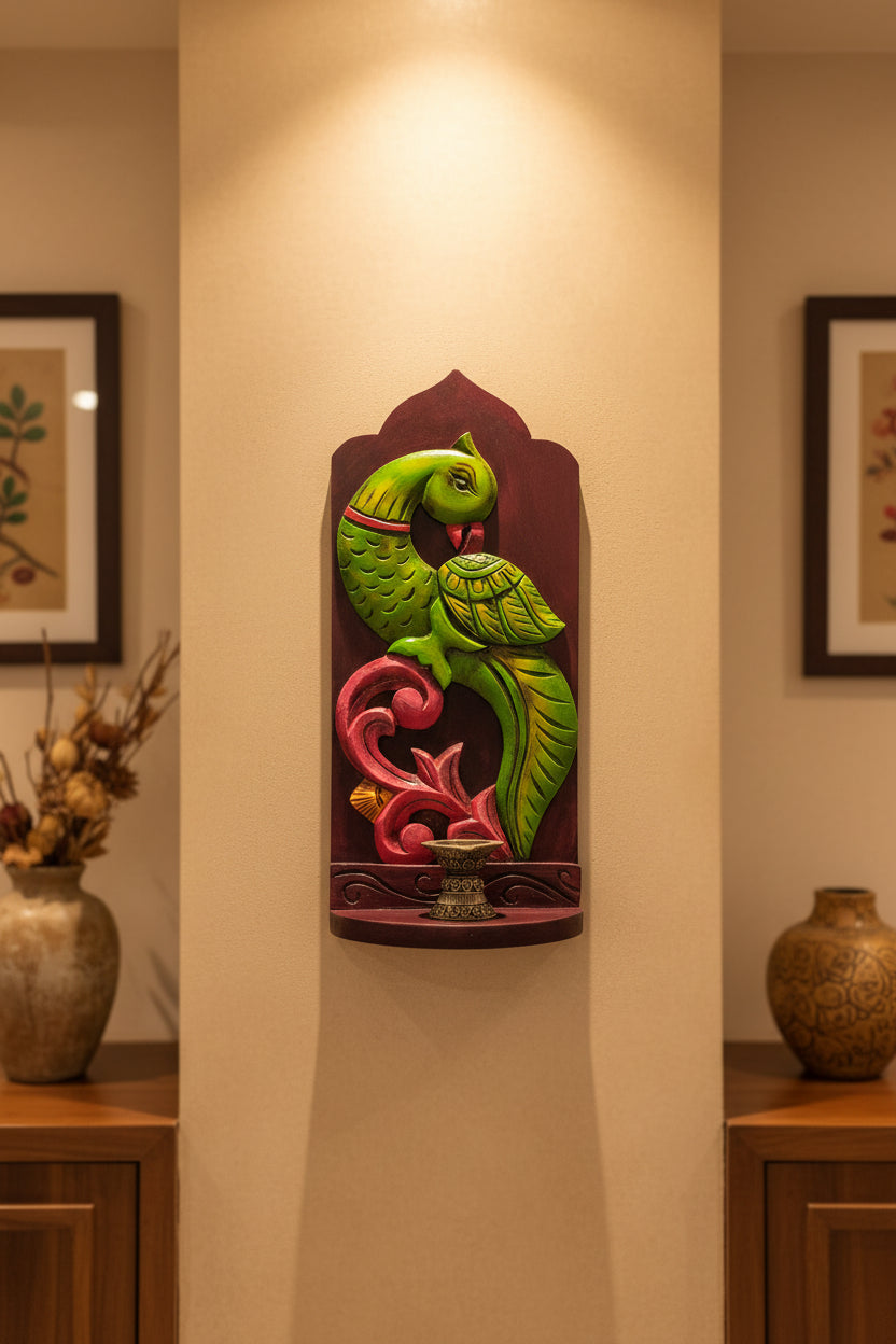 Handmade Wooden Parrot Wall Stand | Hand-Carved Decorative Wall Bracket | Traditional Indian Home Décor | Wooden Hanging Stand | Set of 1