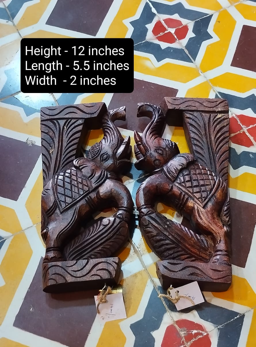 Handmade Wooden Elephant Bracket Pair | Hand-Carved Decorative Wall Corbels | Traditional Indian Home Décor | Wall Hanging Brackets | Set of 2