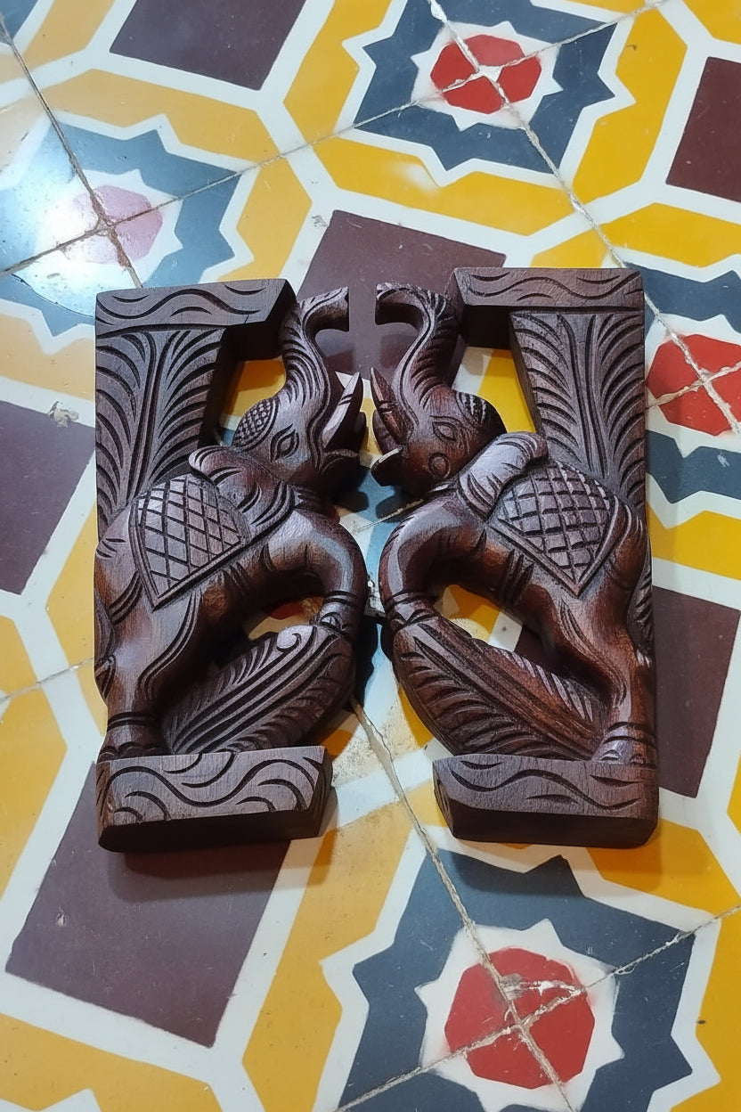 Handmade Wooden Elephant Bracket Pair | Hand-Carved Decorative Wall Corbels | Traditional Indian Home Décor | Wall Hanging Brackets | Set of 2