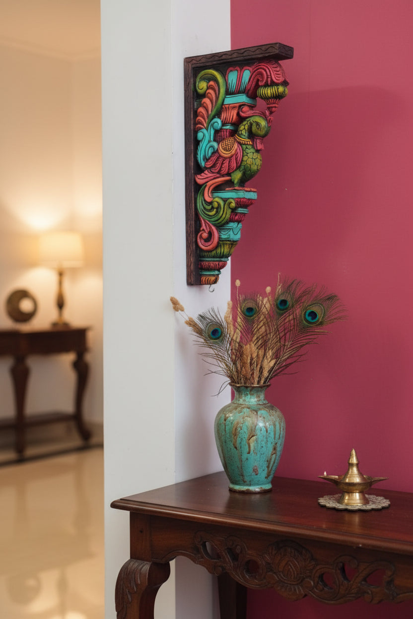 Set of 2 handcrafted and handpainted wooden peacock wall brackets featuring colorful traditional Indian artwork for home décor and heritage-inspired interiors.