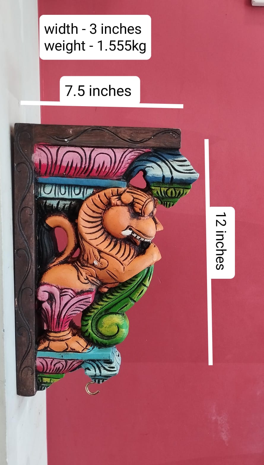 Set of 2 handcrafted and handpainted colorful wooden Yali wall brackets featuring traditional Indian artwork for home décor and heritage-inspired interiors.