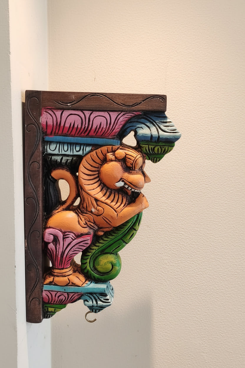Set of 2 handcrafted and handpainted colorful wooden Yali wall brackets featuring traditional Indian artwork for home décor and heritage-inspired interiors.