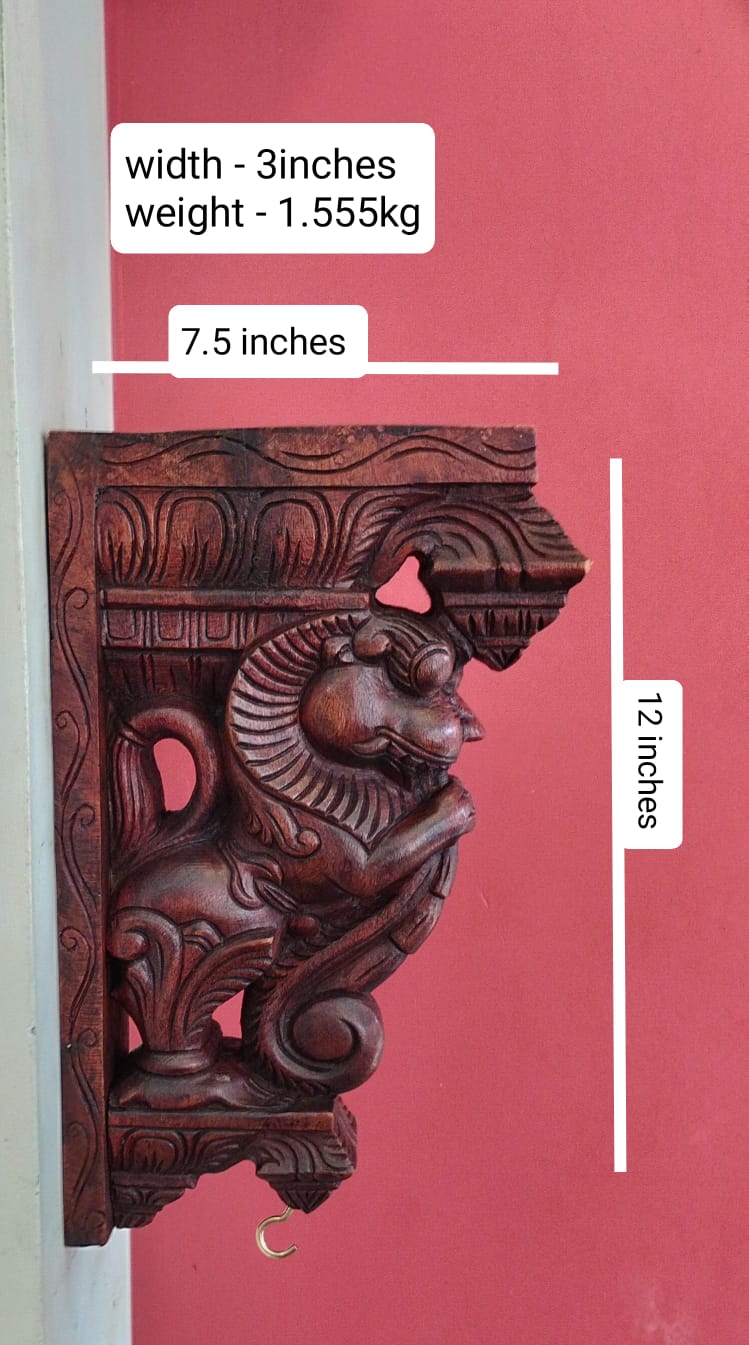 Set of 2 handcrafted and handpainted wooden Yali wall brackets featuring colorful traditional Indian artwork for home décor and heritage-inspired interiors.
