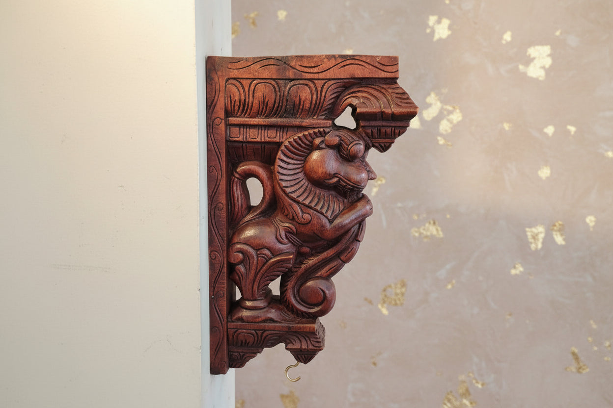 Set of 2 handcrafted and handpainted wooden Yali wall brackets featuring colorful traditional Indian artwork for home décor and heritage-inspired interiors.