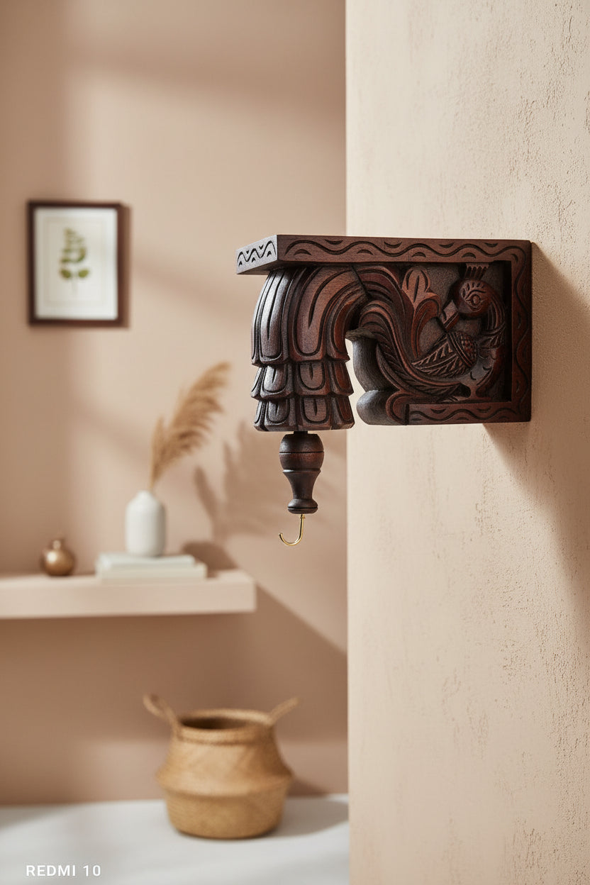 Handcrafted and hand painted wooden parrot wall bracket featuring colorful traditional Indian artwork for home décor and heritage-inspired interiors.