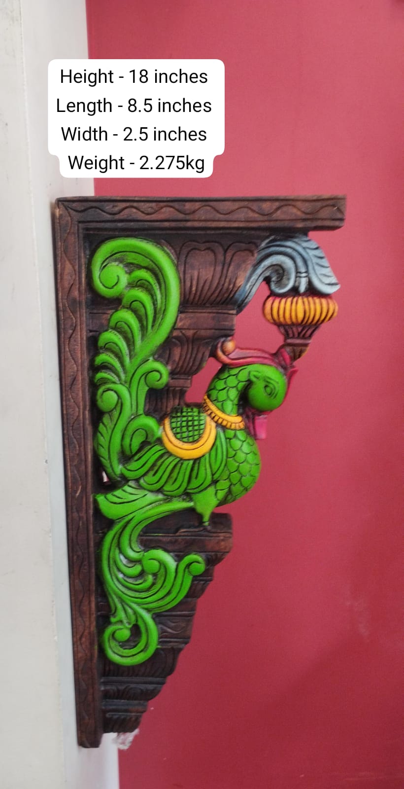 Set of 2 handcrafted and handpainted wooden peacock wall brackets featuring colorful traditional Indian designs for home décor and heritage-inspired interiors.