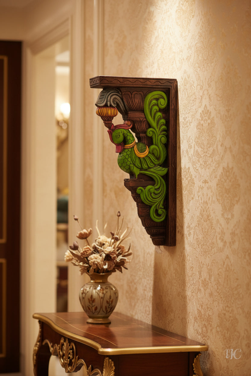 Set of 2 handcrafted and handpainted wooden peacock wall brackets featuring colorful traditional Indian designs for home décor and heritage-inspired interiors.
