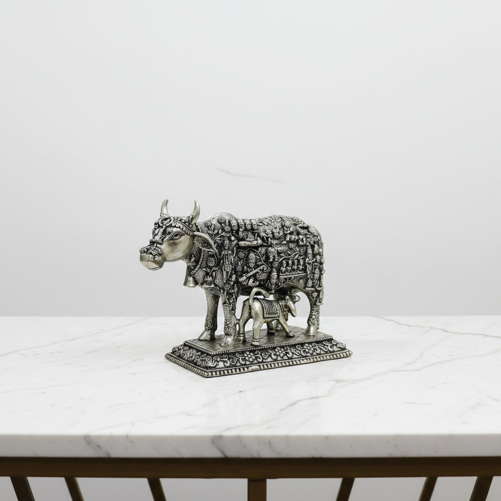Brass Cow and Calf Statue | Kamdhenu Cow with Calf Idol | Handmade Hindu Sacred Gau Mata Murti | Home Temple & Vastu Décor