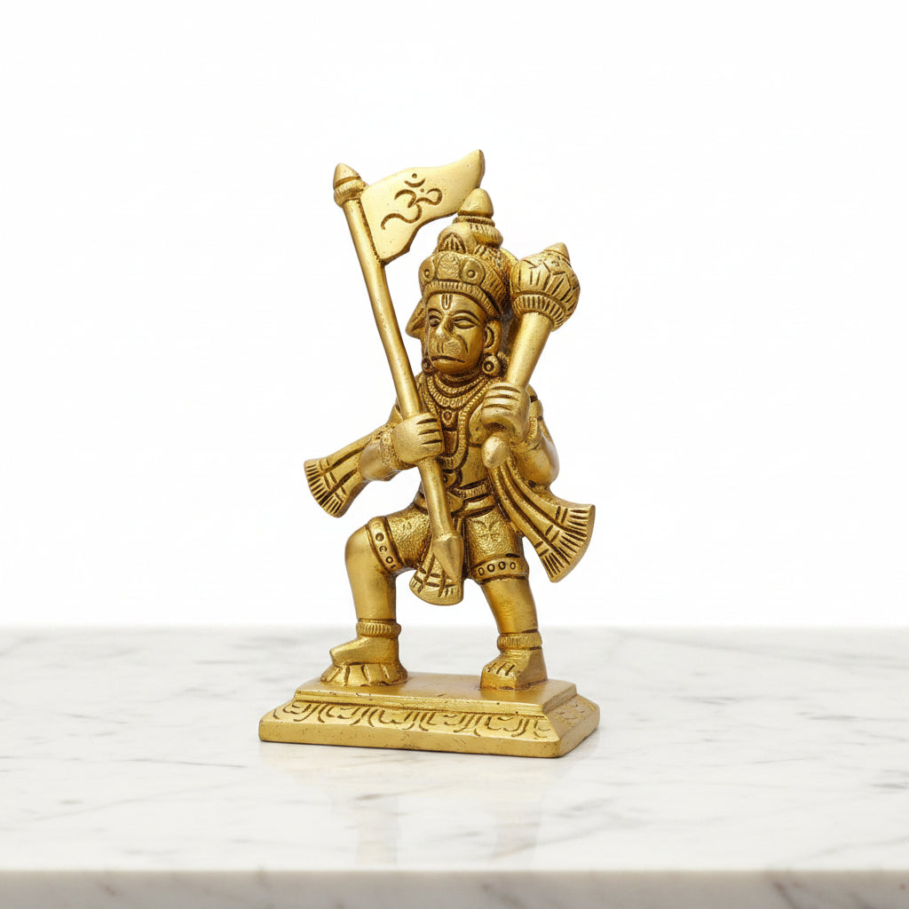 Brass Hanuman Statue with Flag | Bajrang Bali Idol for Home Temple | Handmade Hanuman Murti for Pooja | Spiritual & Diwali Gift